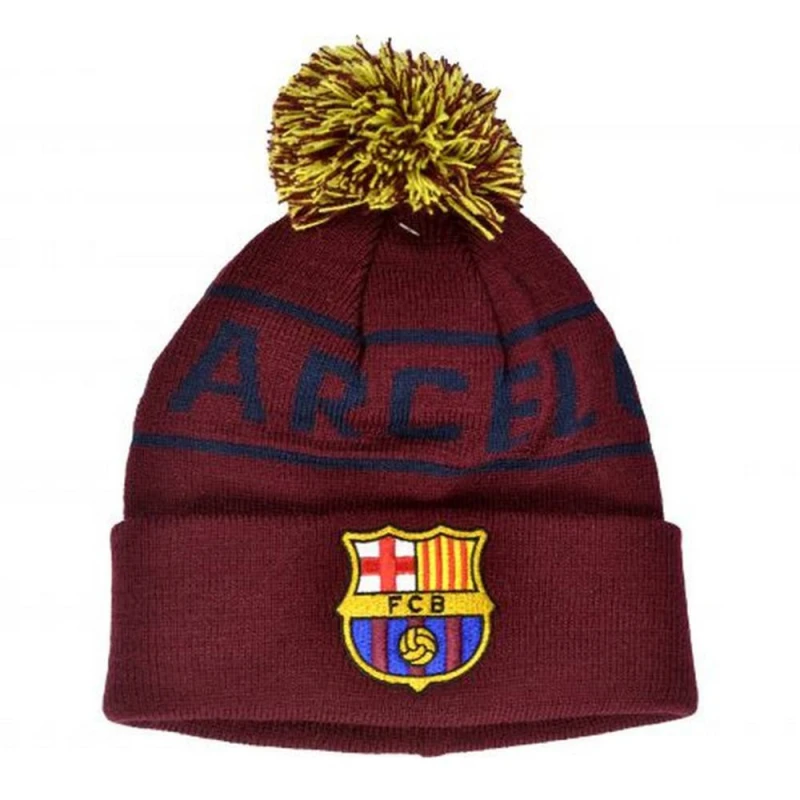 Image of Barcelona FC Mens Text Knitted Bobble Beanie in Burgundy Burgundy Male One Size