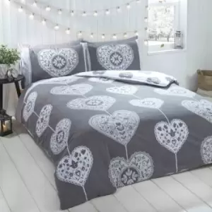 Image of Hearts Scandi Duvet Cover Set, 100% Brushed Cotton, Grey, Single - Grey