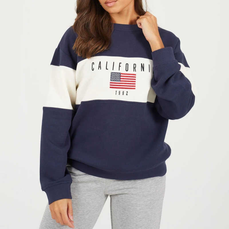 Image of Brave Soul BS Womens Crew Neck Sweatshirt with California Embroidery. Navy/Cream female 10 (S)