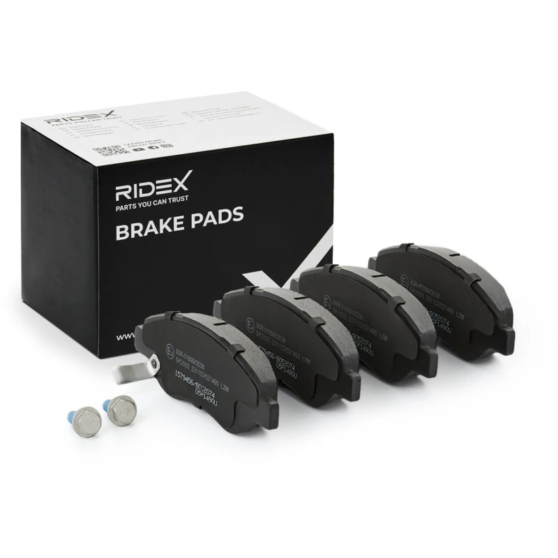 Image of RIDEX 402B0620 Brake pad set Front Axle, incl. wear warning contact, with accessories, with bolts/screws Brake Pad Set,disc brake (402)