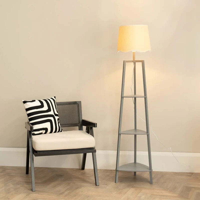 Image of ValueLights Hiru Grey 3 Tier Shelved Wooden Floor with Linen Trim Scallop Taper Shade & Bulb Grey