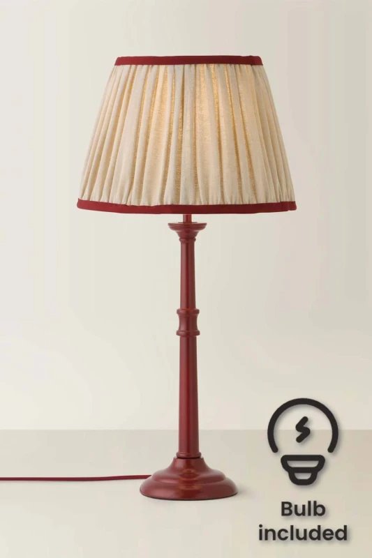 Image of ValueLights Clara Candlestick Table Lamp with Linen Pleated Lamp Shade & Bulb in Burgundy Burgundy Unisex