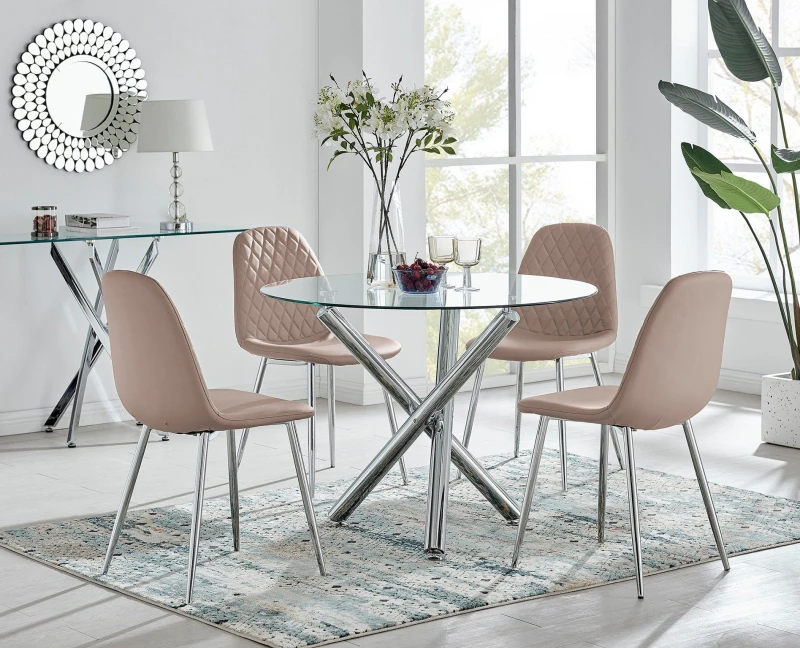 Image of FurnitureboxUK FurnitureboxUK Selina Round Glass Chrome Leg Dining Table and Corona Silver Leg Chairs in Beige Size: 2 Person Beige 2 Person Unisex