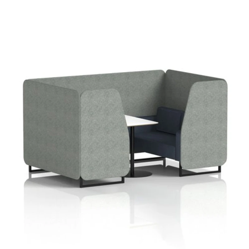 Image of Brixworth 4 Seater Office Booth with Front Panel - Black Legs and White Table with Black Leg in Rivet Fabric - Prime Panels and Crucible Sofa