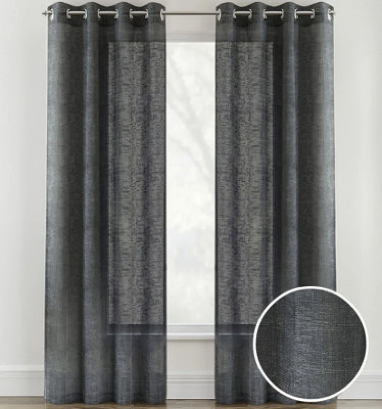 Image of Tyrone Textiles Linen Look Sheer Voile Panel Pair with Eyelet Header - Ideal for Living Rooms & Bedrooms Charcoal