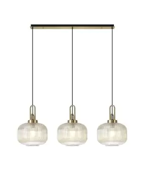 Image of Linear 3 Light Pendant E27, Brass Gold, Matt Black With 30cm Round Ribbed Champagne Glass