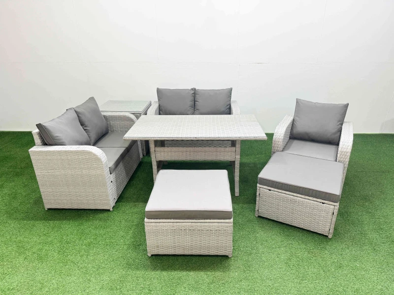 Image of Fimous High Back Poly Rattan Garden Furniture Set with Reclining Chair Loveseat Sofa Rectangular Dining Table Indoor Outdoor Patio Set 2 Big Stool Si