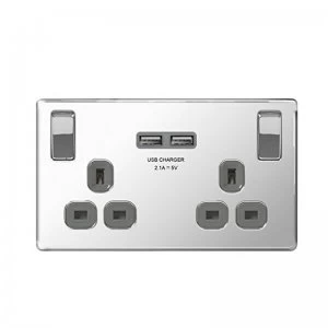 image of Masterplug Polished Chrome Screwless Plate Switched Double Socket + 2 x USB Port - Grey Insert