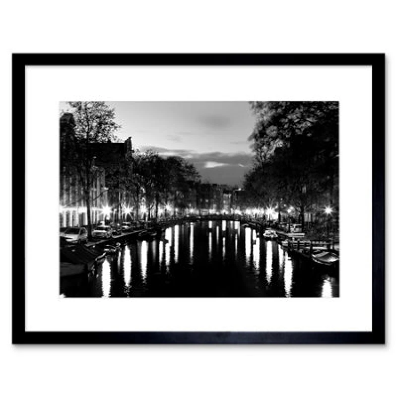 Image of Artery8 Amsterdam Channels Night Lights Black White 12X16" Framed Wall Art Print