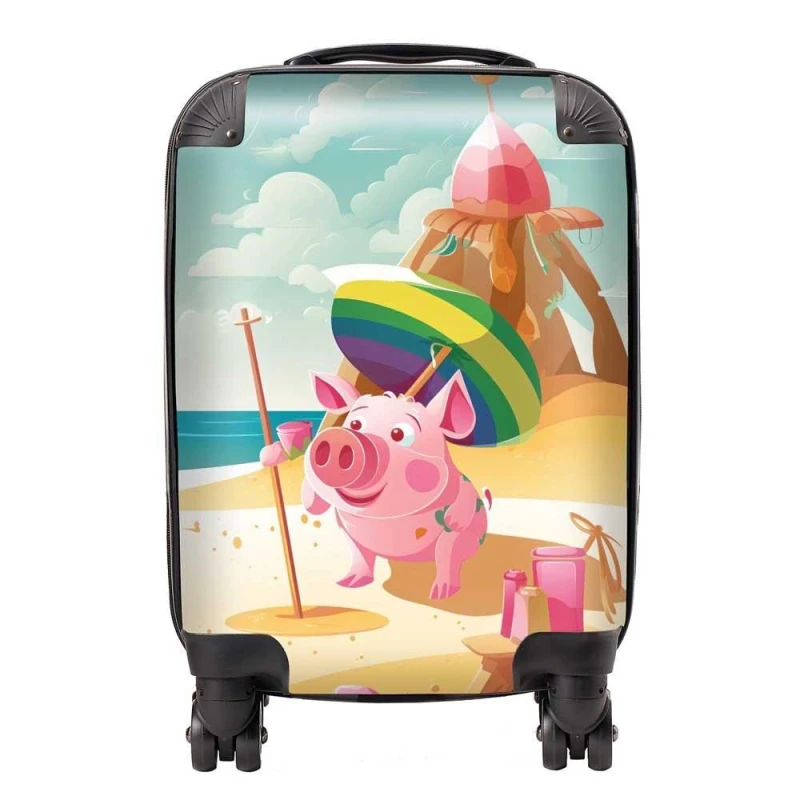 Image of Warren Reed - Designer Piglet On A Beach Holiday Suitcase in Yellow Size: Small Yellow Unisex Small