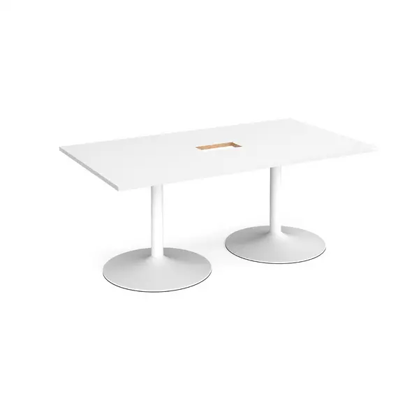 image of White Trumpet Base Rectangular Boardroom Table with Power Module Cut Out 1800mm - White