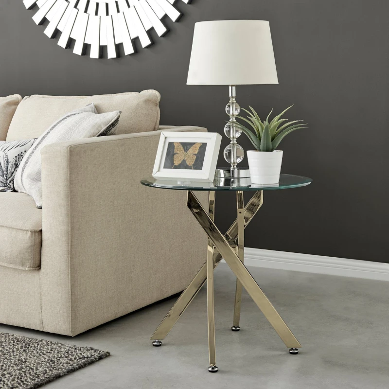 Image of FurnitureboxUK FurnitureboxUK Novara Round Tempered Glass Side End Table with Angled Starburst Metal Legs for Modern Glam Minimalist Living Room in Go