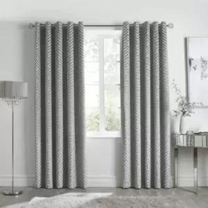 image of By Caprice Home Faye Art Deco Tufted Chevron Eyelet Curtains, Silver, 90 x 90 Inch