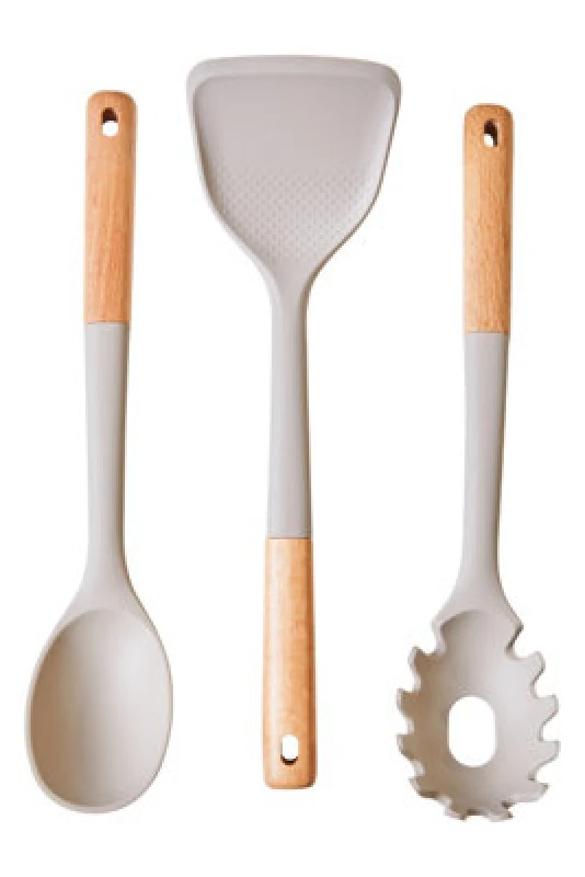 Image of Orsina 3Pc Kitchen Tool Set With Stone Grey Silicone Heads,kitchen Gadget Set,non-Scratch Utensils With Wooden Grip
