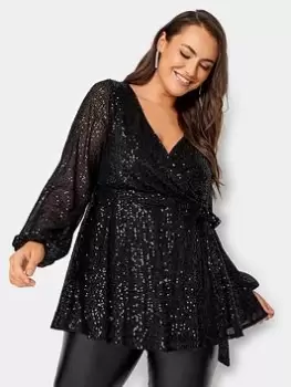 Image of Yours Sequin Long Sleeve Wrap Top, Black, Size 16, Women