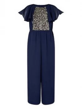 Monsoon Girls Bonita Cape Sleeve Sequin Jumpsuit - Navy, Size 9-10 Years, Women