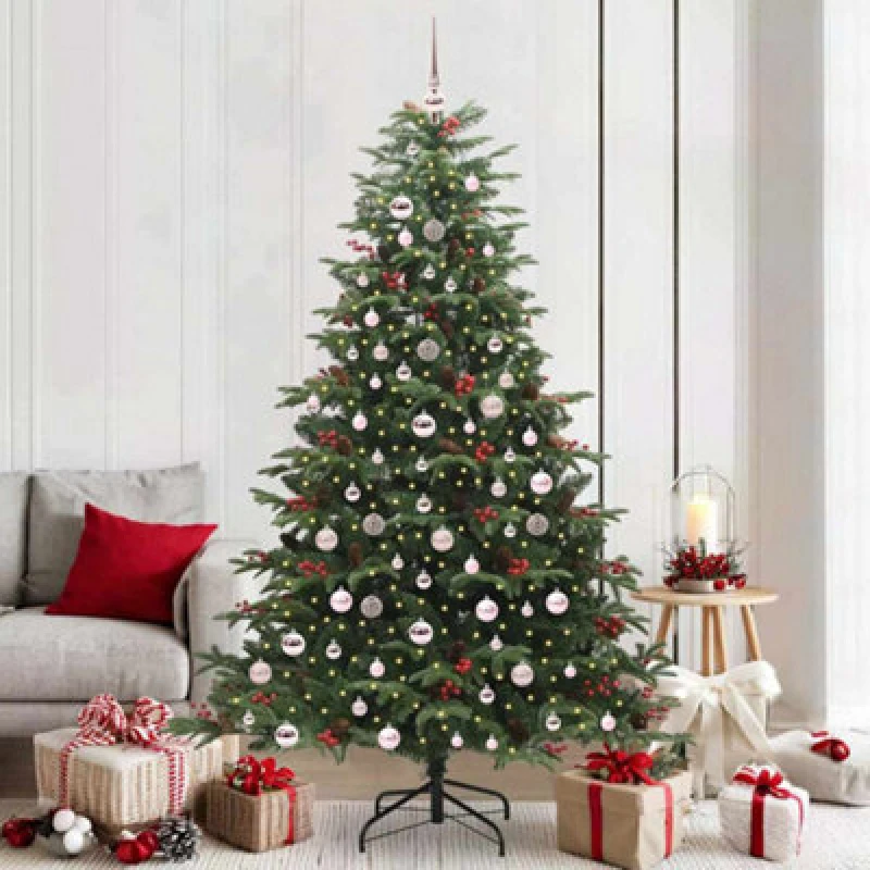 Image of vidaXL Artificial Christmas Tree with LED Strip Lights, Pink Balls Green 210 cm, Green 3395561