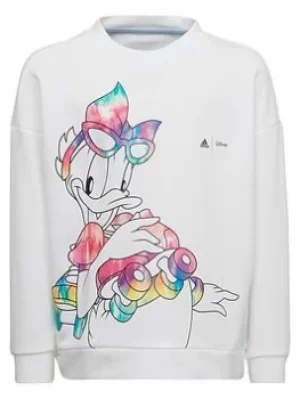 Image of Adidas Younger Girls Daisy Duck Crew Sweat, White/Sky Blue, Size 7-8 Years, Women