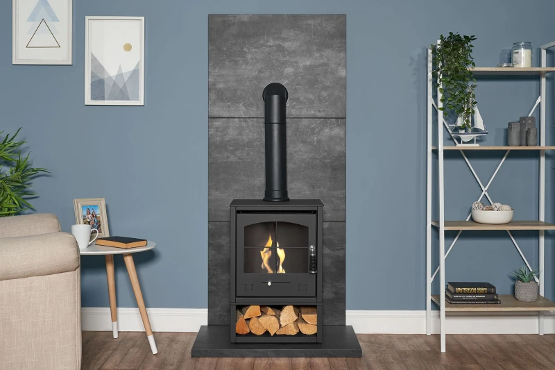 Image of Acantha Fires & Fireplaces Tile & Hearth Set in Slate Venetian Plaster Effect with OKO S2 Stove, Log Store & Tall Angled Pipe in Grey Grey Unisex