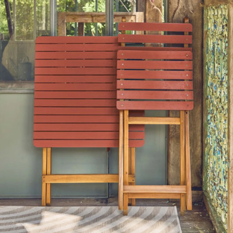 Image of Sweeek - Acacia Wood Garden Table 2 Folding Chairs Terracotta 60X60X8cm - Hilora