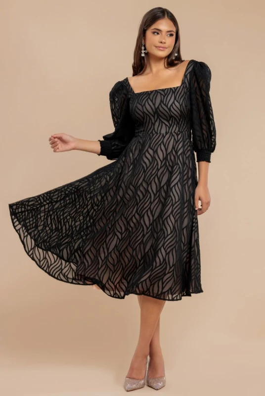 Image of Goddiva Womens Puff Sleeve Side Slit Flared Jacquard Chiffon Midi Dress in Black Size: 10 Black Female 10
