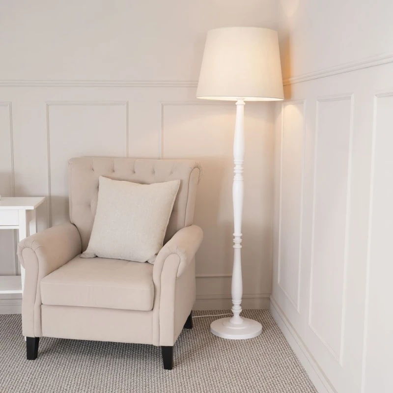 Image of ValueLights Victoria White Wood Traditional Floor Lamp with Fabric Tapered Shade and Bulb Cream
