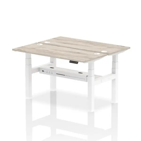 Image of Air Air Back-to-Back 1400 x 600mm Height Adjustable 2 Person Bench Desk Grey Oak Top with Cable Ports White Frame HASCP2P14600GRYW