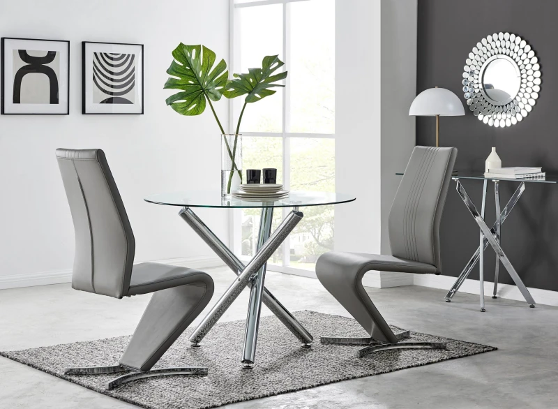 Image of FurnitureboxUK FurnitureboxUK Selina Round Glass And Chrome Metal Dining Table And Luxury Willow Chairs Set in Grey Size: 2 Person Grey 2 Person Uni