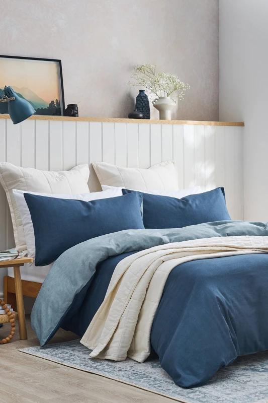 Image of CHRISTY 'Relaxed Linen' Washed Finish Reversible Duvet Cover Set in Blue Size: Super King Blue Unisex Super King