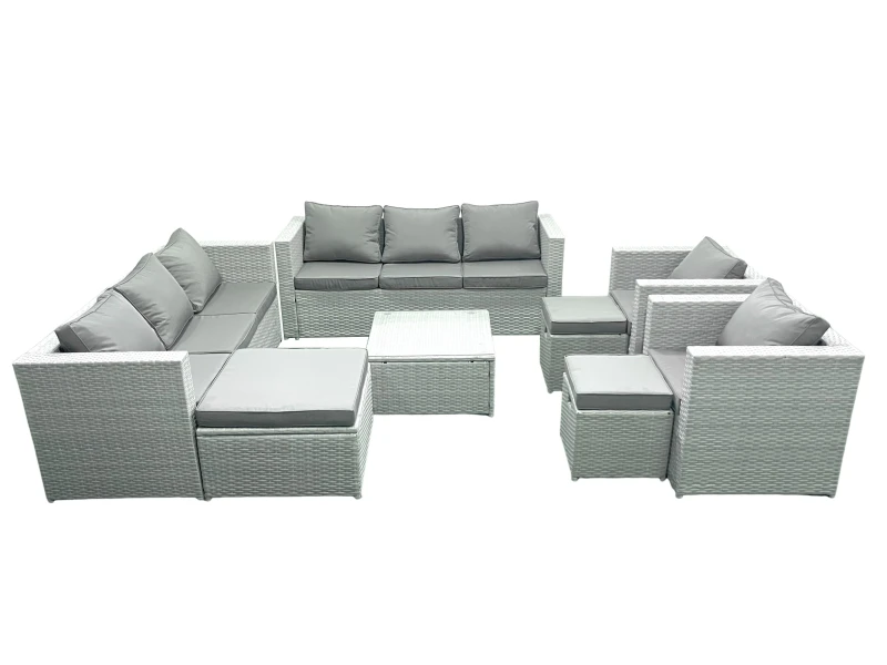 Image of Fimous Outdoor Rattan Sofa Garden Furniture Set with 2 Armchairs Square Coffee Table 3 Footstools Light Grey Mixed Light Grey