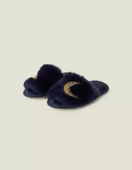 image of Accessorize Womens Moon Faux Fur Mule Slippers Blue, Size: M