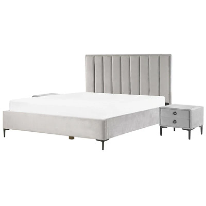 Image of Beliani Bedroom Set Velvet Sezanne 180 X 200 Cm (Eu Super King) Light Grey