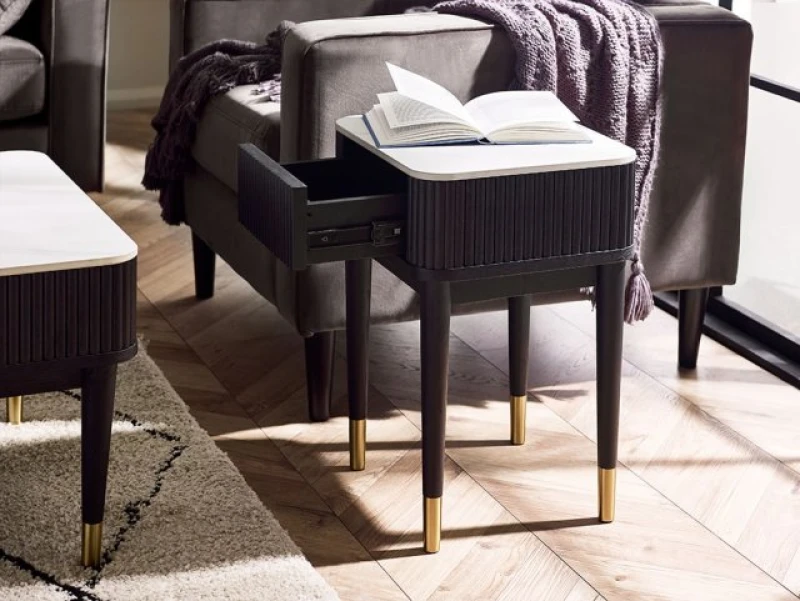Image of Julian Bowen Louis Marble Effect and Black 1 Drawer Lamp Table
