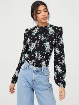 Image of Oasis Dandelion Lace Trim Shirred Hem Top - Black, Multi Black, Size 10, Women