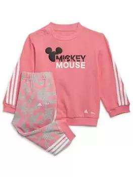 Image of adidas Younger Unisex Mickey Mouse Crew & Pant Set, Pink/Grey, Size 0-3 Months, Women