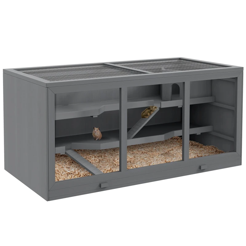 Image of PawHut Wooden Hamster Cage, Exercise Play House Pen with Tray, Openable Top, Grey D51-427V00GY