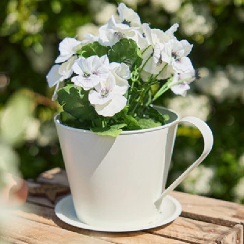 Image of Dibor Vintage Cream Tea Cup Indoor Outdoor Planter Garden Decor Plant Pot (Dia) 32cm, (H) 14cm in White White Unisex
