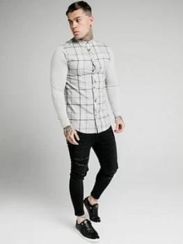 SikSilk Long Sleeve Flannel Check Grandad Shirt - Grey Marl Size M Men