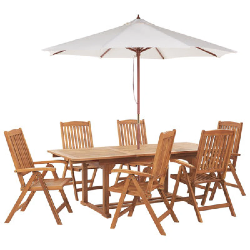 Image of Beliani Garden Dining Set 6 Seater Java With Parasol (12 Options) Acacia Wood Light Brown