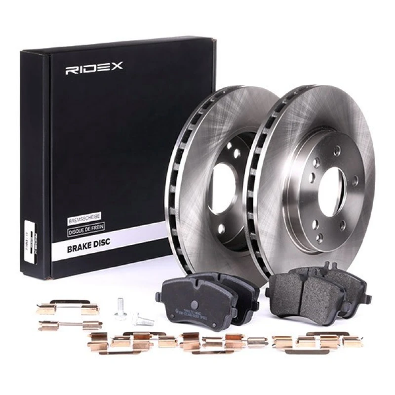 Image of RIDEX 3405B0077 Brake disc and pads set Front Axle, Brake Disc Type: Vented, prepared for wear warning indicator Brake Set,disc brakes (3405)