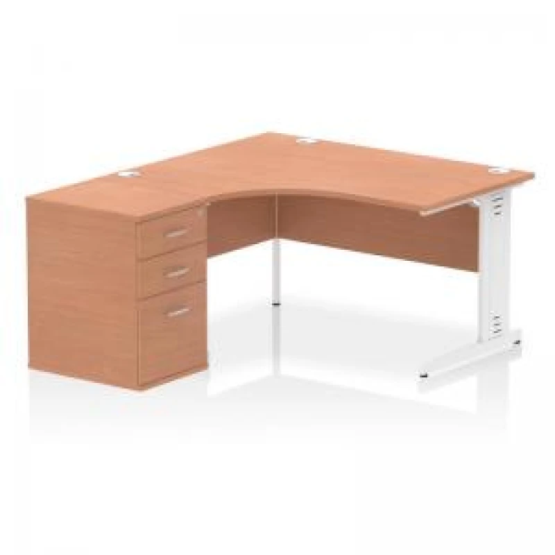 Image of Impulse Impulse 1400mm Left Crescent Office Desk Beech Top White Cable Managed Leg Workstation 600 Deep Desk High Pedestal IWSLW146WBCH