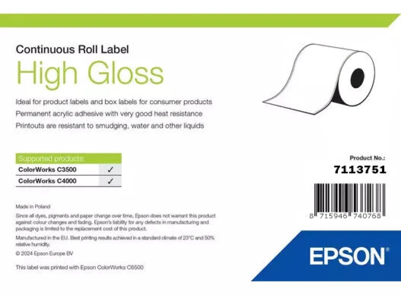 Image of Epson 7113751 High Gloss White Continuous Label Roll 76mm x 33m (Original)