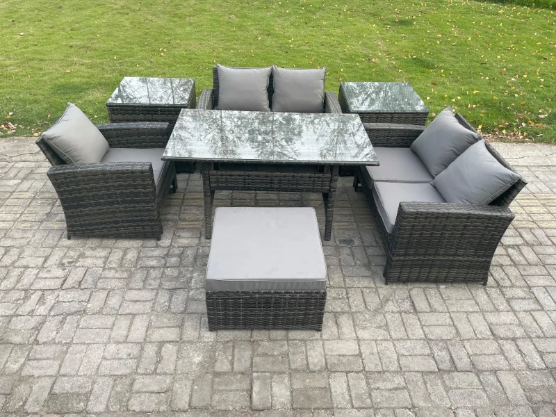 Image of Fimous Wicker Rattan Garden Dining Set Outdoor Furniture Sofa with Dining Table Double Seat Sofa 2 Side Tables Big Footstool Dark Grey Mixed Dark Grey