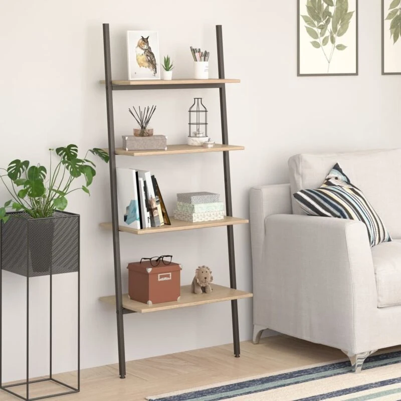 Image of Vidaxl 4-tier Leaning Shelf Light Brown And Black 64X34X150.5 Cm, Brown 336373