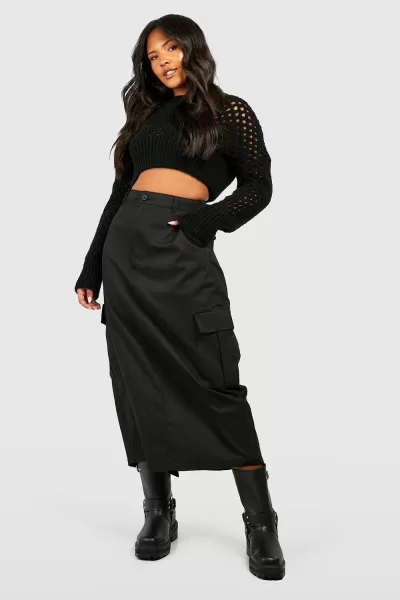 Image of Plus High Waisted Twill Cargo Midaxi Skirt