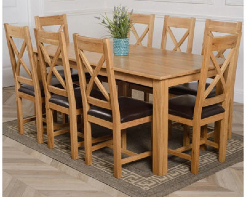 Image of Thats Furniture Oslo 180 x 90cm Large Oak Dining Table & 8 Berkeley Leather Chairs in Brown Brown Unisex 180 x 90 cm