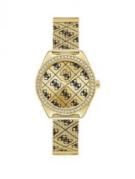 image of Guess Guess Claudia Gold Sunray And Black Logo Crystal Set Dial Gold And Black Logo Print Stainless Steel Mesh Strap Ladies Watch