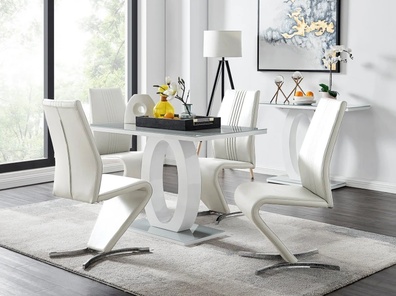 Image of FurnitureboxUK FurnitureboxUK Giovani Grey White Modern High Gloss And Glass Dining Table And 4 Willow Chairs Set in Off White Off White One Size Unis