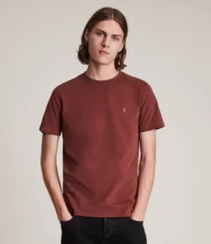 image of AllSaints Mens Brace Crew T-Shirt, Damson Red, Size: M