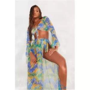 image of I Saw It First Blue Chain Print Mesh Wrap Beach Top - Blue